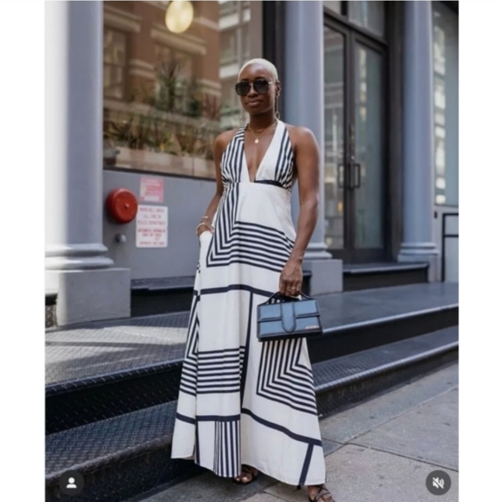 Zara Cotton Dress Halter Black Cream Maxi Size M - Picture 10 of 16